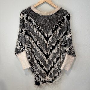 Tesoro Moda Fringed Black and Cream Sweater Poncho